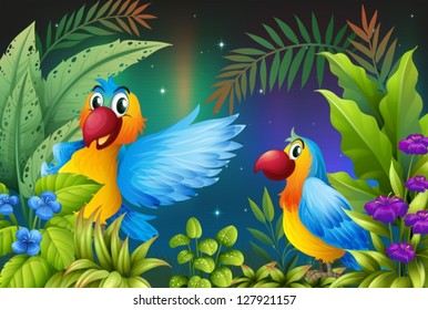 Illustration von zwei Vögeln in einem dunklen Wald