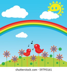 illustration of two birds in a field singing