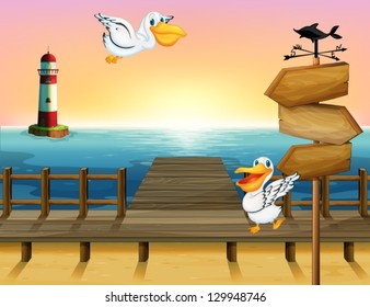 Illustration of two birds near  a wooden arrow board