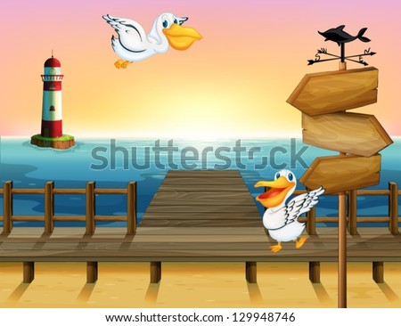 Illustration of two birds near  a wooden arrow board