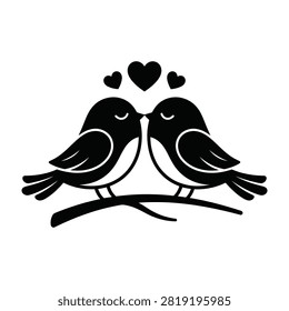 Illustration of two birds sitting together on a branch with hearts above them, symbolizing love and affection
