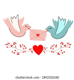 Illustration of two birds,  Valentines day background with heart Design elements for Valentine's day. Vector illustration. Wallpaper, flyers, invitation, posters, brochure,