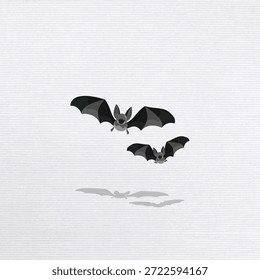 Ilustração de dois morcegos negros voando. Morcegos em movimento com asas abertas. Design de morcego minimalista em um fundo claro. Perfeito para Halloween ou temas assustadores. Vetor de ilustração animal.