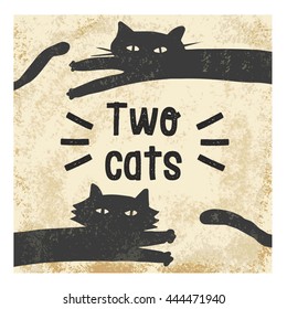 Illustration of two black cats. Logo "Two cats" for postcards, for postcards and flyers.