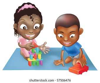 An illustration of two black ethnic chidlren playing with toys on a play mat