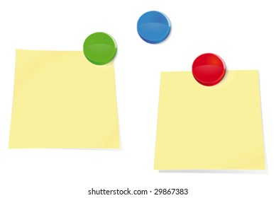 Illustration of two blank sticky notes and colorful push pins on a bulletin board