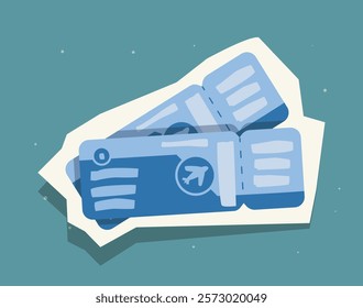 Illustration of two blue airline tickets with simple details, displayed on a green background with a minimalist style. Concept of travel and tourism. Vector illustration.