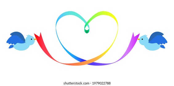 Illustration of two blue birds holding a heart-shaped rainbow ribbon. Vector illustration.