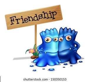 Illustration of the two blue monsters beside a signage on a white background