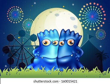 Illustration of the two blue monsters holding each other at the park
