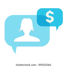 the illustration of two blue overlapping speech bubbles with head silhouette and dollar pictogram / The pair of speech bubbles / Speech bubbles