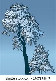 illustration with two blue pine silhouettes on light background