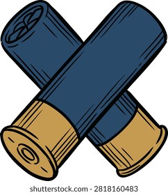 Illustration of two blue shotgun shells crossed on a white background representing hunting or sport shooting
