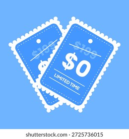 Ilustração de dois selos azuis com cupons de desconto zero dólar