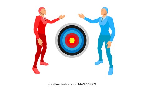 illustration of two blue-right and red-left businessmen. they are showing the target focus of the circle. eps10 vector file