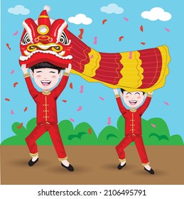 ilustración dos niños personajes danza del león en el Año Nuevo chino