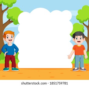 The illustration of the two boy standing and talking in the garden with the blank speech board