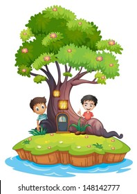 Ilustración de los dos muchachos en la parte trasera del tesoro encantado en un fondo blanco