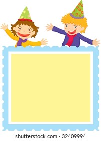 illustration of two boys behind stamp