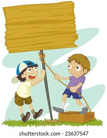 Illustration of two boys building a signpost