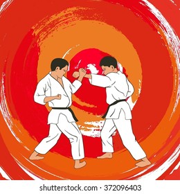 Illustration, two boys demonstrate karate