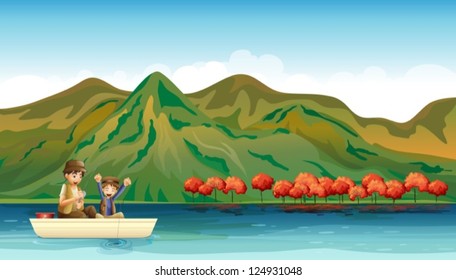 Illustration of two boys fishing along the mountain