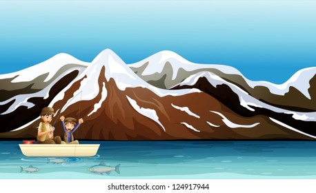 Illustration two boys fishing near the mountain