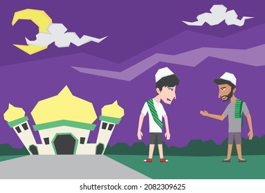 An illustration of two boys in front of mosque at the night