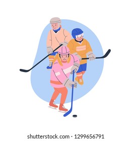 Illustration with two boys  and girl playing ice hockey game. Isolated vector with kids as young players