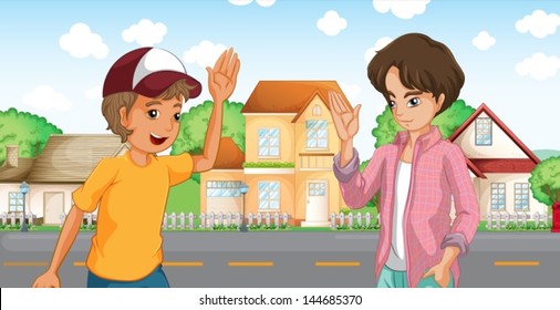 Illustration Of The Two Boys Meeting Across The Big Houses At The Road