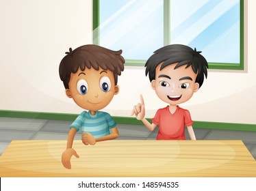 Illustration of the two boys near the wooden table