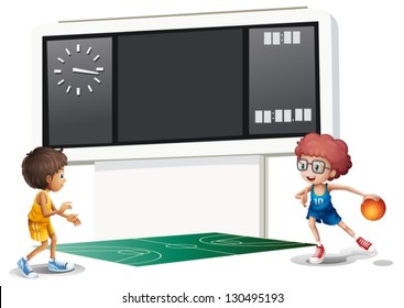 Illustration of the two boys playing basketball in a court with a scoreboard on a white background