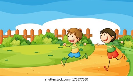 Illustration of the two boys playing inside the wooden fence