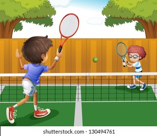 Illustration of two boys playing tennis inside the fence