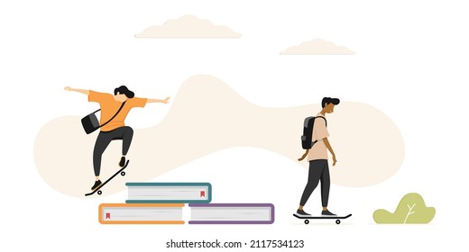 Illustration of two boys riding skateboards to school or college. Go to college on a skateboard.