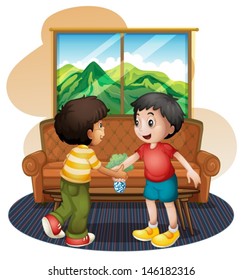 Illustration of the two boys shaking hands near the sofa on a white bakground 