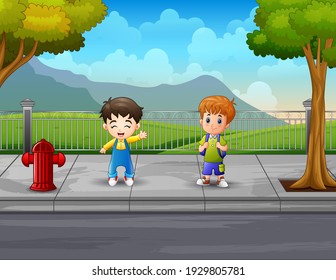 Illustration two boys at the sidewalk