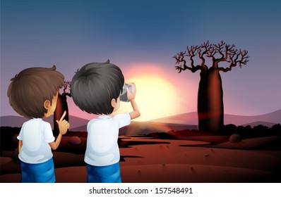 Illustration of the two boys taking photos at the desert