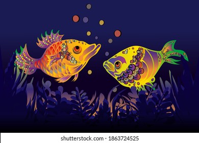 Illustration mit zwei hellen und magischen Fischen in dunklem Wasser