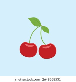 Illustration of two bright red cherries with green stems and fresh leaves, suitable for fruit, healthy food, freshness and nature-filled designs.