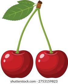 An illustration of two bright red cherries with green stems and a single green leaf attached to the top, set against a plain white background.