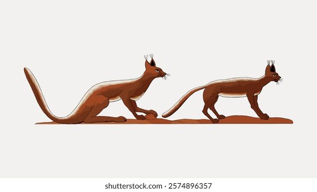 Illustration of two brown, long-tailed animals with tufted ears. The animals are depicted in different poses, showcasing their sleek, brown bodies and long tails. Vintage style vector element.