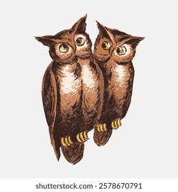 Illustration of two brown owls perched side by side. The owls have detailed feathers and large eyes. Brown owls are depicted in a vintage style. Vintage bird illustration vector.