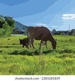 ilustración de dos búfalos comiendo en un prado verde, esto puede ser utilizado para decoración de pared o fondo