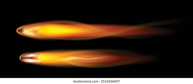 An illustration of two bullet projectiles in motion, showcasing the fiery and aerodynamic trail they leave behind. The image highlights the velocity and heat created by bullets in flight, with bright 