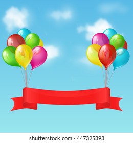 Illustration of two bunches of balloons with red ribbon banner on the background of blue sky with clouds