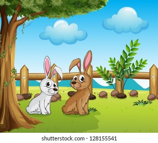 Illustration of two bunnies inside the fence