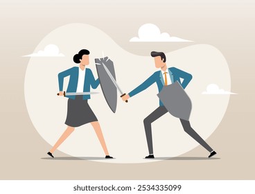 An illustration of two business person man and woman collided in battle. Dispute of people. Business conflict concept.