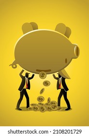 An illustration of two businessman holding piggy bank upside down to get the money