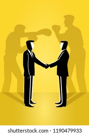 An illustration of two businessman shaking hand with their true reflection on the wall